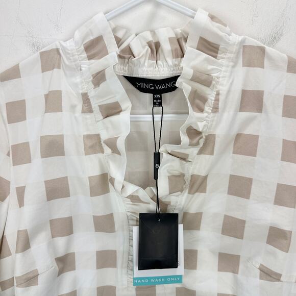 Ming Wang Gingham Ruffle Collar Top Blouse Relaxed Cotton Blue Popover XXS NWT - Picture 5 of 12